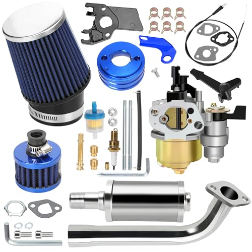 YOXUFA 212cc Carburetor Exhaust Pipe Muffler Stage 2 Kit Replacement for Predator 212cc 224 196cc 200cc GX200 Engine Coleman CT200U BT200X Baja MB200 Hammerhead 80T Mini Bike Go Kart Parts - color: blue