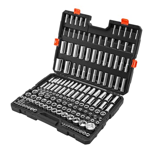 VEVOR Socket Set, 163 Pieces, 3/8 & 1/4 & 1/2 inch Drive Socket Tool Set, SAE and Metric, Deep and Standard, Mechanic Tool Kit with Storage Case, Chrome Plated CR-V Alloy Steel, for Automotive Repair - size: 163-PCS