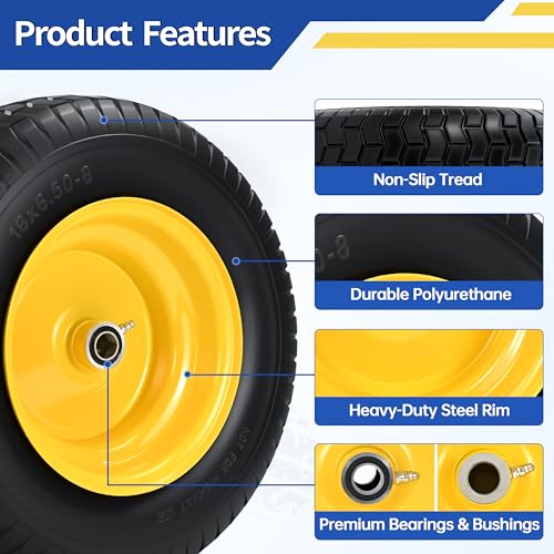 2 Pcs 16x6.50-8 Flat Free Tire and Wheel, 3" Offset Hub & 3/4" Bearings - size: 2 Pcs 16x6.50-8 Flat Free 3/4" Bearing