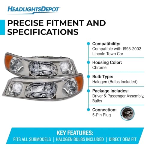 HEADLIGHTSDEPOT Chrome Housing Halogen Headlights Compatible With Lincoln Town Car 1998-2002 Includes Left Driver and Right Passenger Side Headlamps