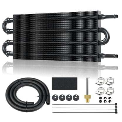 Universal 5/16" Transmission Oil Cooler Kit, Aluminium alloy 4 Pass Tube and Fin Oil Cooler Kit with Hose Mounting Kit, Black - color: Black, size: 4 Pass