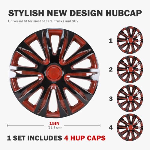15 inch Wheel Rim Cover Hubcaps - Universal Hubcap Wheel Covers - color: 5083-Black & Red-15