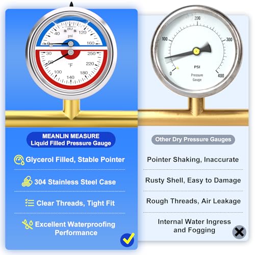 MEANLIN MEASURE 0-160Psi Stainless Steel Thermal Pressure Gauge 30-250℉ 1/4" NPT 2.5" FACE DIAL Liquid Filled Pressure Gauge, with 1/2" NPT and 3/8" NPT Hex Bushing, Back Mount - size: Back Mount, style: Liquid Filled