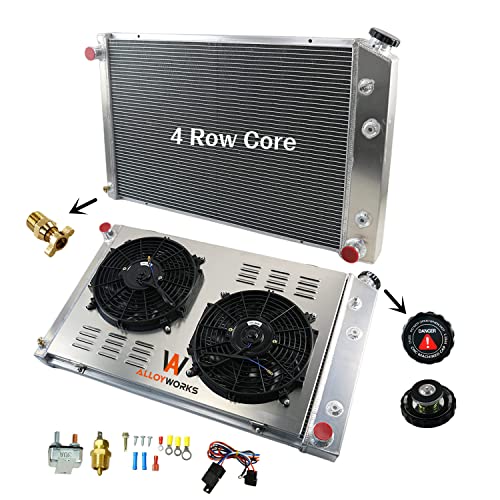 ALLOYWORKS 4 Row All Aluminum Radiator Shroud Fan Thermostat Kit for Chevy C/K/R/S/V/T Series Pickup Trucks Blazer Suburban Jimmy 1973-1991 Radiators, V8 Engine(19" Core, AT/MT, 2 X 12" Fan)