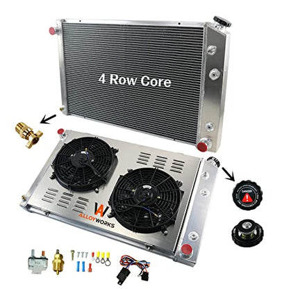ALLOYWORKS 4 Row All Aluminum Radiator Shroud Fan Thermostat Kit for Chevy C/K/R/S/V/T Series Pickup Trucks Blazer Suburban Jimmy 1973-1991 Radiators, V8 Engine(19" Core, AT/MT, 2 X 12" Fan)