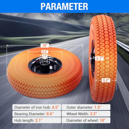 4.10/3.50-4 Flat Free Tire, 10 Inch Solid Tires with 5/8" Axle Bore Hole - color: 2Pack-Orange