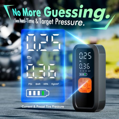 Portable Tire Inflator Air Compressor, 150 PSI Fast Cordless Pump, Dual Power (Battery + 12V DC),Auto Shut-Off, 5 Modes, Digital Dual Display for Car Truck Bike Tires, Balls, Inflatables