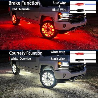 Surper Bright New 17in RGBW 4 Row Wheel Lights for Truck,APP RF 4-Zone Control,High Density 2592 LEDs RGB+White Wheel Ring Light,Brake & Courtesy Function,Music Sync Dynamic Car Rim Tire Lights