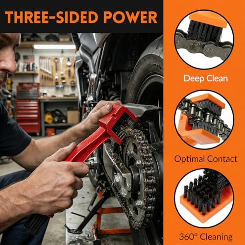 Motorcycle Chain Washer, Double-Ended Chain Gear Cleaning Tool w/Three-Sided & Long Bristles, Chains Crankset Brush Dirt Cleaner for Motorcycle Bicycle Mountain Bike (Red) - color: 1 PCS, Red