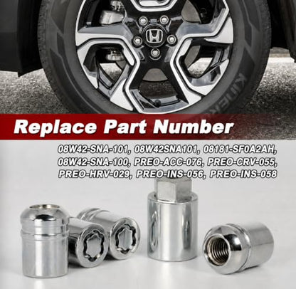 Anti-Theft Wheel Lock Lug Nuts, M12x1.5, 4-Piece Set + 1 Hex Key, Compatible with Honda Accord, CR-V, Civic, HR-V，Replace 08W42-SNA-101