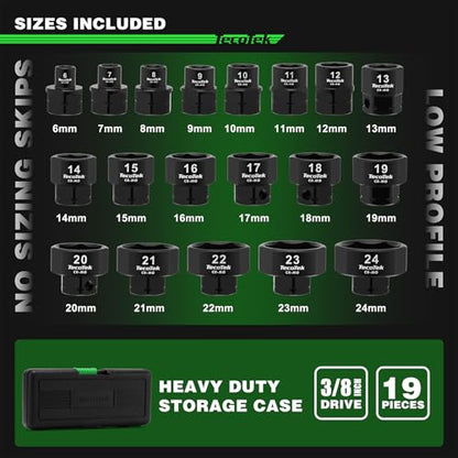 TecoTek 19-Piece 3/8-Inch Drive Metric Low Profile Impact Socket Set, Stubby Socket Set, 6mm-24mm, No Skips Sizes, 6 Point, Cr-Mo, Shorter Socket for Tight Areas - size: 6mm - 24mm(3/8" Dr.)