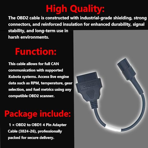 OBD2 Adapter Cable 3824-26,Fit for KUBOTA Vehicles 4 Pin OBD2 16Pin to OBD1 4Pin OBDII Car Diagnostic Connector Compatible with OBD II Diagnostic Scanner ，Replace 3824-26 382426