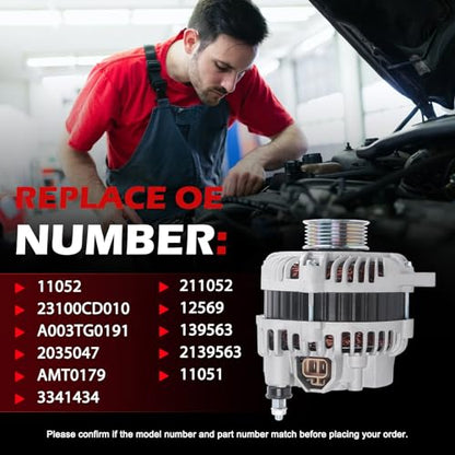 11051 Alternator 110A 12V for G35 2003-2004 V6 3.5L Sedan, QX4 2003-2003 V6 3.5L, Pathfinder 2003-2004 V6 3.5L OE A003TB4291, A003TB4291A, 23100AM610, 23100-AM610 - size: 11051 | 110A