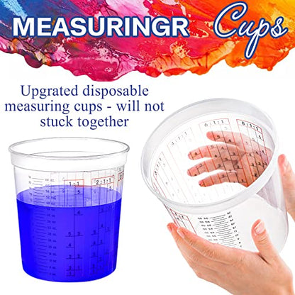 Yesland 12 Pack Paint Mix Cups with Lids and 50 Sticks - 64 Oz Graduated Paint Mixing Cups Plastic Epoxy Measuring Cups with Calibrated Mixing Ratios on Side of Cup for Activators, Thinner, Resin