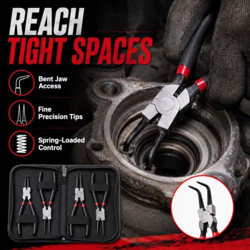 4-Piece Snap Ring Pliers Set, 7" Internal External Circlip Pliers, Straight & 90 Degree, 45# Steel 5/64" Tips for Bearing Transmission Motorcycle Automotive Retaining Ring Removal