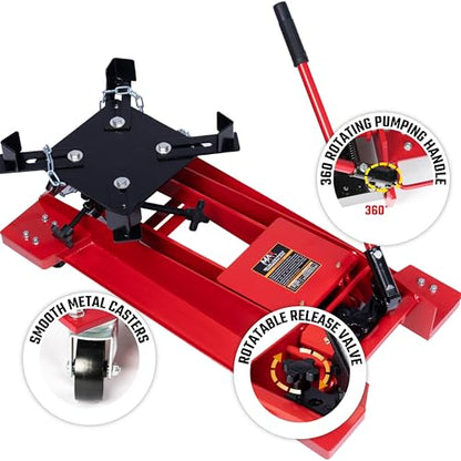 800 lbs Adjustable Hydraulic Transmission Jack – Low Profile Telescoping Floor Lift with 360° Swivel Casters, Heavy-Duty Steel Construction