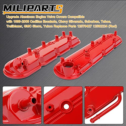 Upgrade Aluminum Engine Valve Covers Compatible with 1999-2008 Cadillac Escalade Chevy Silverado, Suburban Tahoe Trailblazer GMC Sierra Yukon Replaces Parts 12570427 12582224 - color: RED(Aluminum)