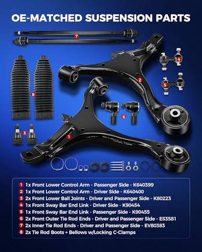 KAX Upgraded 12pcs Front Lower Control Arm Suspension Kit for 𝐇𝐨𝐧𝐝𝐚 𝐂𝐑-𝐕 2002-2006, 2 Lower Control Arms, 2 Ball Joints, 2 Sway Bar Links, 6 Tie Rods & Boots, K640399 K640400 K80223 ES3581 - size: CRV 2002-2006
