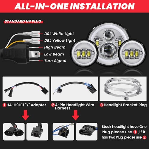 7 Inch Motorcycle LED Headlight 4.5" Fog Passing Light Assembly for Harley Touring Softail Deluxe Road King Street Glide Road Glide Ultra Limited Tri Tour Models DRL Halo Ring Angel Eye Chrome - color: Chrome