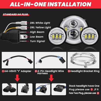 7 Inch Motorcycle LED Headlight 4.5" Fog Passing Light Assembly for Harley Touring Softail Deluxe Road King Street Glide Road Glide Ultra Limited Tri Tour Models DRL Halo Ring Angel Eye Chrome - color: Chrome