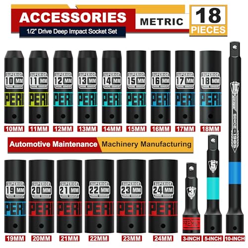 18 Piece 1/2" Drive Impact Socket Set, 10 mm - 24 mm Deep Socket, with Extension Bars:3-inch, 5-inch, 10-inch, Metric, 6-Point, CR-V Steel, Automotive Maintenance, Machinery Manufacturing - size: 1/2" Large Metric