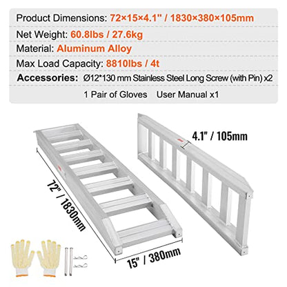 VEVOR Aluminum Ramps, 8810 lbs, Heavy-Duty Ramps with Top Hook Attaching End, Universal Loading Ramp for Motorcycle, Tractor, ATV/UTV, Trucks, Lawn Mower, 72" L x 15" W, 2Pcs - size: 8100 lbs