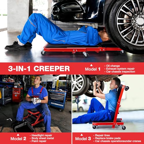 Mechanic Creeper 40inches 3-in-1 Z Seat 480lbs Capacity, Foldable Garage Chair Adjustable Rolling Folding with 6pcs Wheels Roller, Lay Down Sit Lean Back, Under Car Shop Auto Repair Man Gift - color: Red