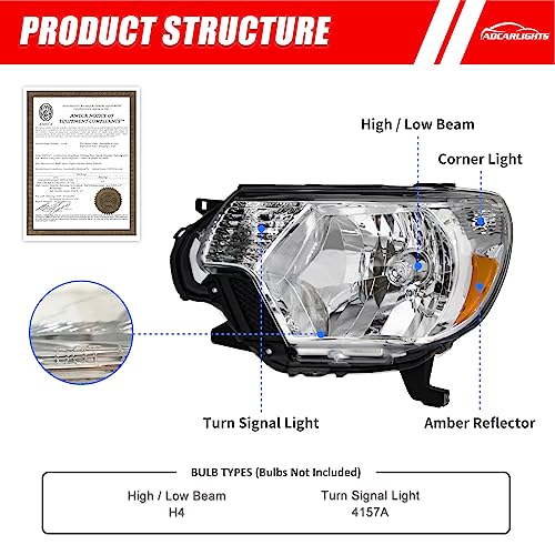 for 2012-2015 Toyota Tacoma Halogen Headlight W/O Bulbs - color: Chrome Housing Amber Reflector Clear Lens