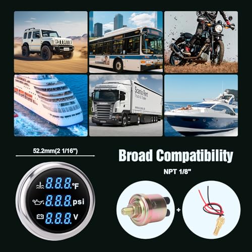 Triple Gauge Set 3in1,Water Temp (104°F-248°F), Oil Pressure (0-145PSI), Voltmeter (9-32V), AUTO Gauge with Digital Display Alarms for Cars Trucks Boats (Blue) - color: Blue