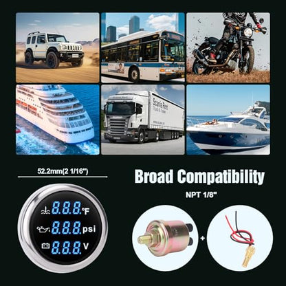 Triple Gauge Set 3in1,Water Temp (104°F-248°F), Oil Pressure (0-145PSI), Voltmeter (9-32V), AUTO Gauge with Digital Display Alarms for Cars Trucks Boats (Blue) - color: Blue