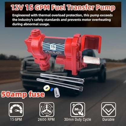 15GPM 12 Volt Fuel Transfer Pump DC Transfer Pump Cast Iron Heavy Duty Transfer Pump for Gasoline Diesel Kerosene Ethanol Methanol Blends Biodiesel Vahaha - color: 15GPM Red