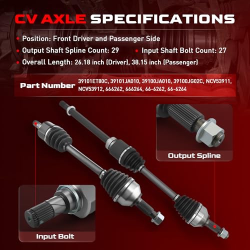 Betthand Front CV Axle Set Fit for 2007-2012 Nissan Altima Auto CVT Trans - size: 666262+666264