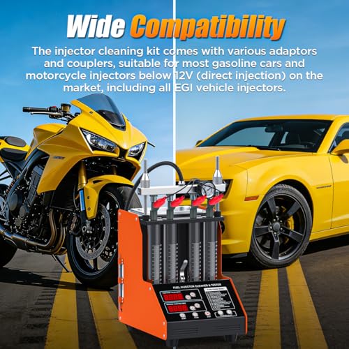 Fuel Injector Cleaner Tester Kit Ultrasonic Injector Cleaner Machine 9 Test Modes Fuel Injector Tester Cleaner 4 Cylinder Fuel System Injection Cleaning Tool Kit for 5V & 12V Motorcycle Car Injectors