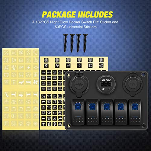 Nilight - 90118H 5 Gang Rocker Switch Panel Pre-Wired Aluminum Switch Panel with Dual USB Cigarette Lighter Socket Voltmeter12V-24V DC Switch Panel with Night Glow Stickers for Cars Rvs Trucks - color: Blue