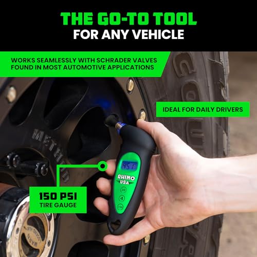Rhino USA Digital Tire Pressure Gauge (150 PSI) - LCD Backlit Display - color: Green, size: 150 PSI