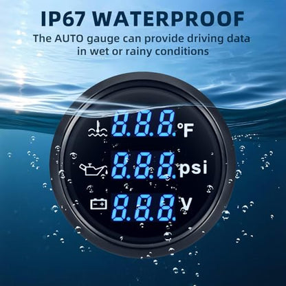 MH Triple Gauge Set - Water Temp (104°F-248°F), Oil Pressure (0-145PSI), Voltmeter (9-32V), Blue Backlight AUTO Gauge with Sensors 2" 52mm 3-in-1 Boat Marine Meter Kit (Black) - color: Black
