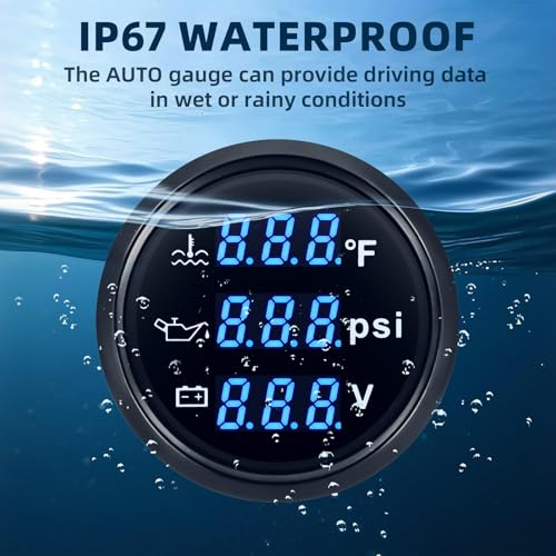 MH Triple Gauge Set - Water Temp (104°F-248°F), Oil Pressure (0-145PSI), Voltmeter (9-32V), Blue Backlight AUTO Gauge with Sensors 2" 52mm 3-in-1 Boat Marine Meter Kit (Black) - color: Black