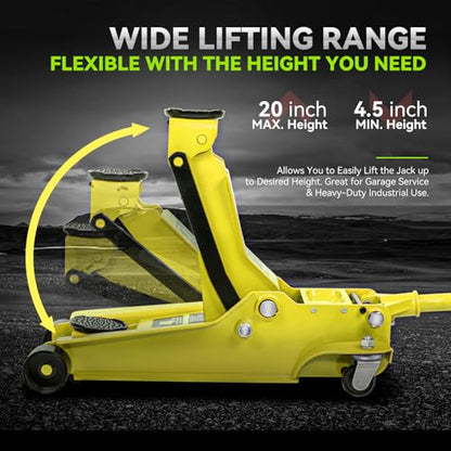 PM PERFORMOTOR Low Profile Hydraulic Trolley Service/Floor Jack, 4 Ton (8000 lbs) Capacity, Lifting Range 4.5"-20", Yellow,PM-TOL-FJ40-YL - color: Yellow
