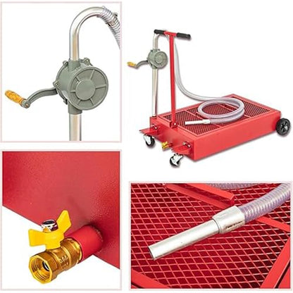 25 Gallon Low Profile Oil Drain Pan, Rolling Tank with Manual Pump, Red - color: Red, size: 25 gallon