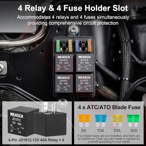 12V 4 Way Pre-Wired Fuse Relay Box Kit with 4 x 40A 4-Pin Relays