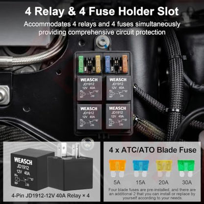 12V 4 Way Pre-Wired Fuse Relay Box Kit with 4 x 40A 4-Pin Relays
