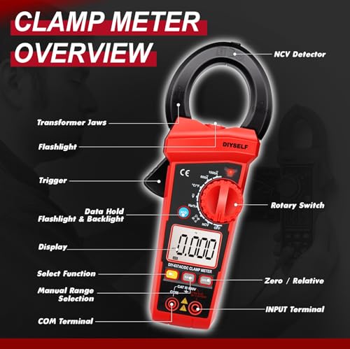 DIYSELF Clamp Meter, Digital Multimeter 6000 Counts, AC/DC Current &Voltage