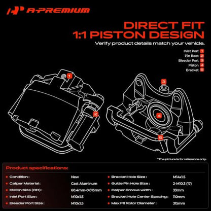 A-Premium Disc Brake Caliper Assembly with Bracket Compatible with Chrysler and Dodge Models - 300/Challenger/Charger 2012-2021 - Front Right Passenger Side