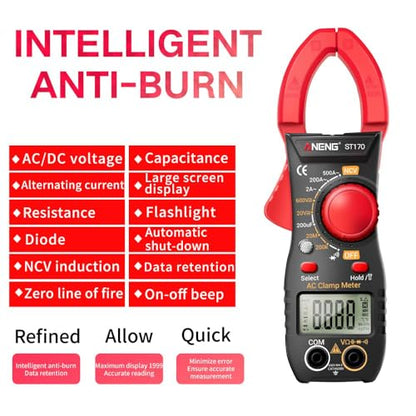 NCV Digital Clamp Meter Multimeter 2000 Counts Amp Voltage Tester Auto-ranging with AC/DC Voltage, AC Current, Resistance, Capacitance, Continuity, Live Wire Test, Red