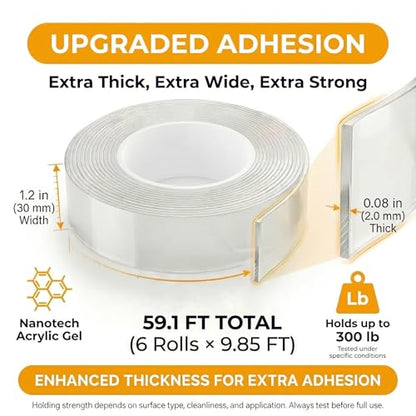 Double Sided Tape Heavy Duty, Clear Mounting Tape Nano Double Sided Adhesive Tape,Picture Hanging Adhesive Strips (9.85FT 6 Pack (Total 59.1FT)) - size: 9.85FT 6 Pack (Total 59.1FT)