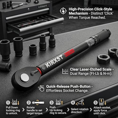 1/2" Drive Torque Wrench 8-168Ft.-Lb./10.9-227.9Nm, Two-way Adjustable 72-tooth Click Torque Wrench, Dual Scale, ±3% Accuracy Wrench, Suitable for Maintenance Bicycles, Cars and Trucks - size: 1/2"