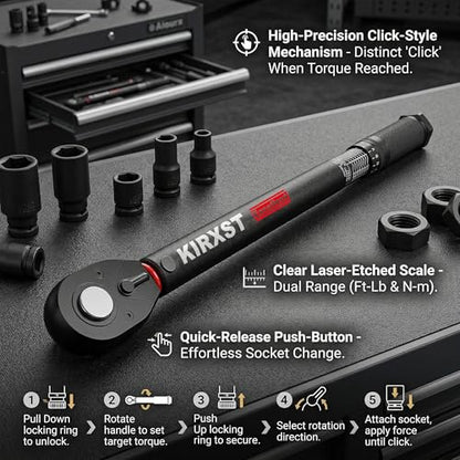 1/2" Drive Torque Wrench 8-168Ft.-Lb./10.9-227.9Nm, Two-way Adjustable 72-tooth Click Torque Wrench, Dual Scale, ±3% Accuracy Wrench, Suitable for Maintenance Bicycles, Cars and Trucks - size: 1/2"