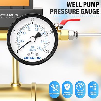 MEANLIN MEASURE 0-40Psi 2" DIAL FACE 1/4" NPT Well Pump Pressure Gauge, with 1/2" NPT and 3/8" NPT Hex Bushing, 3-2-3% Accuracy, Center Back Mount - color: 1/4"NPT Back Mount, size: 0-40Psi