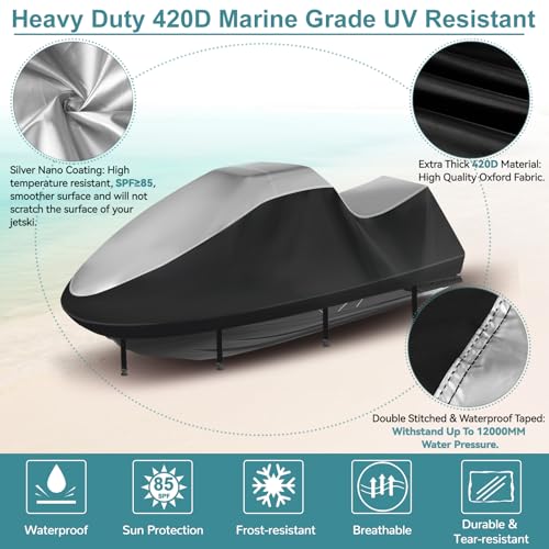 Jet Ski Cover 420D Waterproof for Yamaha Sea-Doo, 121"-135" 3 Seater PWC - color: Silver-420-D, size: 2XL-121"-135"