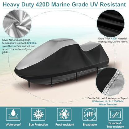 Jet Ski Cover 420D Waterproof for Yamaha Sea-Doo, 115"-120" 3 Seater PWC - color: Silver-420-D, size: XL-115"-120"